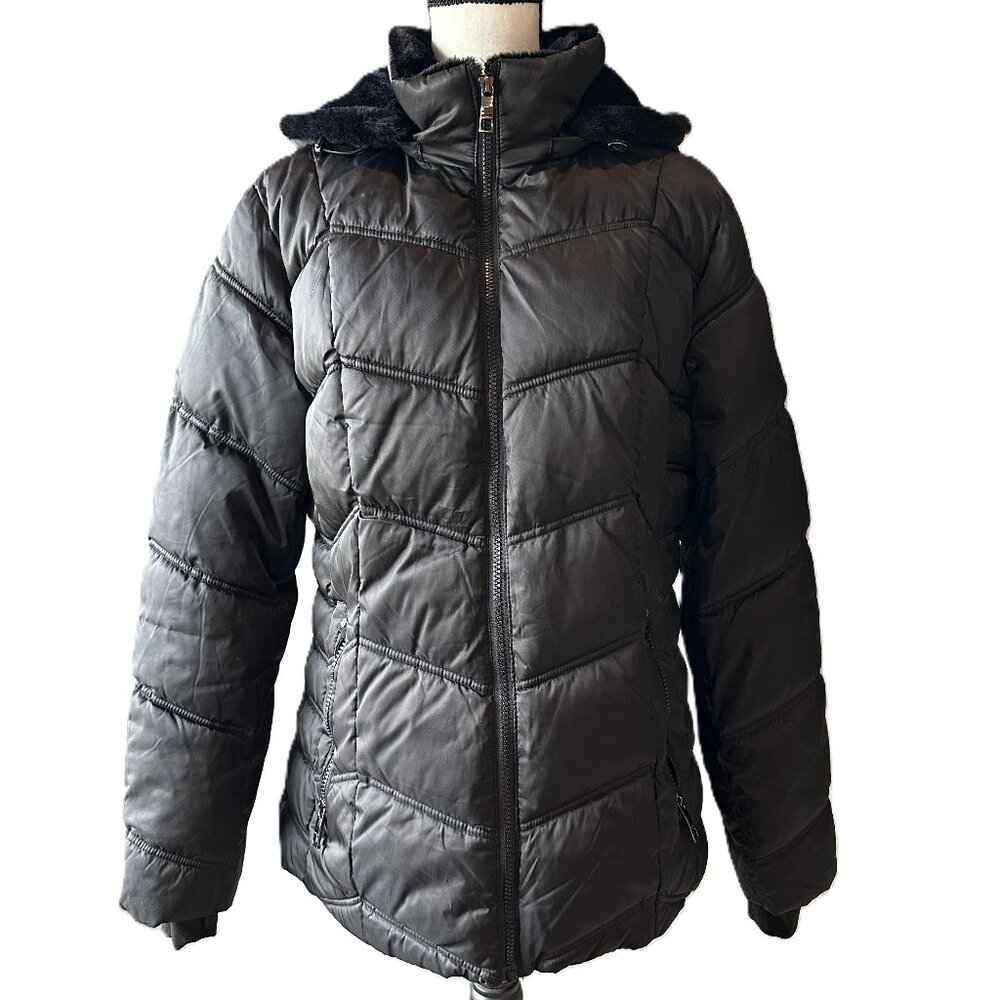 Women's Nautica Faux Fur Trim Hooded Mid-Length Black Puffer Jacket Size XL